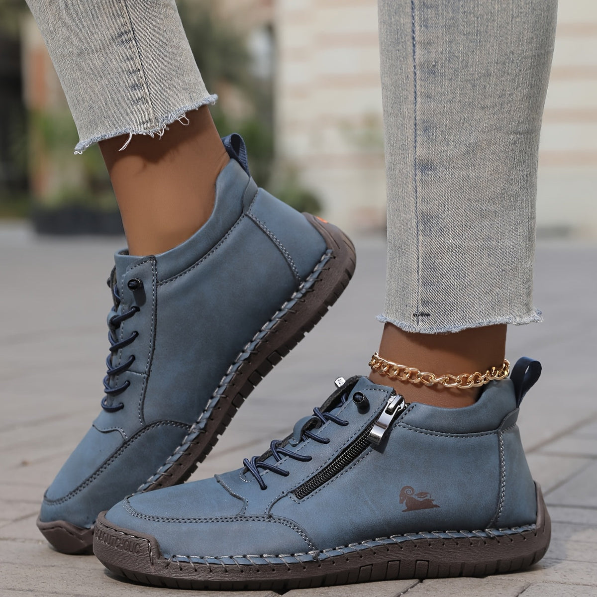 Women's arch support lace up ankle sneakers with wide toe box in blue