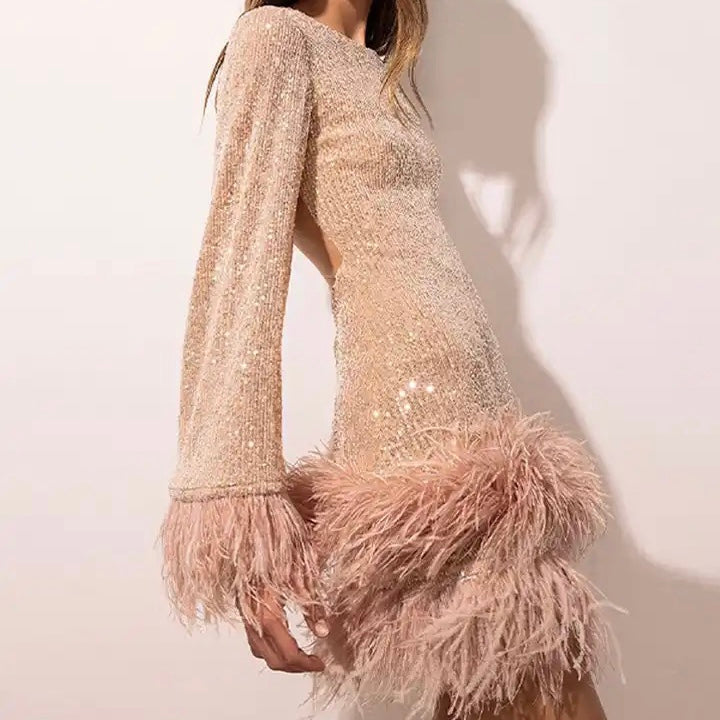 Sequin Mini Dress with Feather Hem Open Back