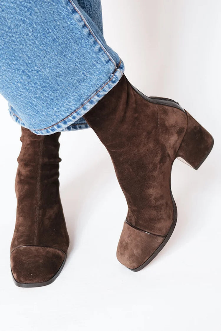 Women's faux suede block heel ankle boots in dark brown