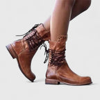 Studded lace-up mid-calf leather boots with block heel