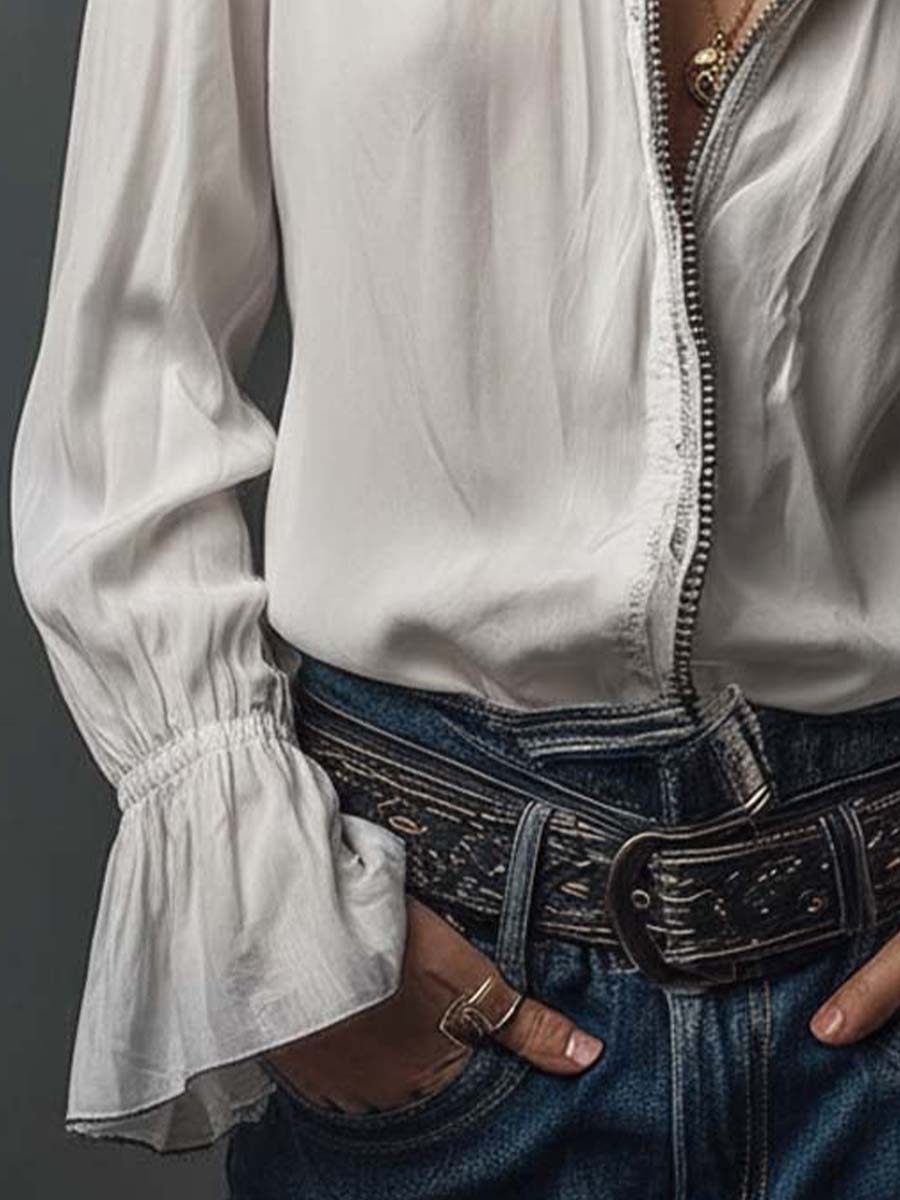 Zip-Front Blouse with Flounce Cuffs