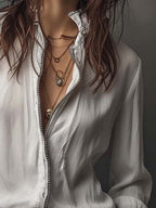 Zip-Front Blouse with Flounce Cuffs