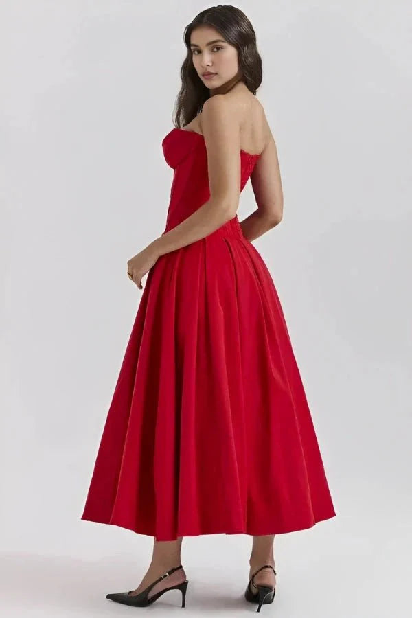 Strapless Boned Corset Midi Dress Voluminous Skirt
