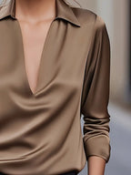 Draped neck long sleeve blouse