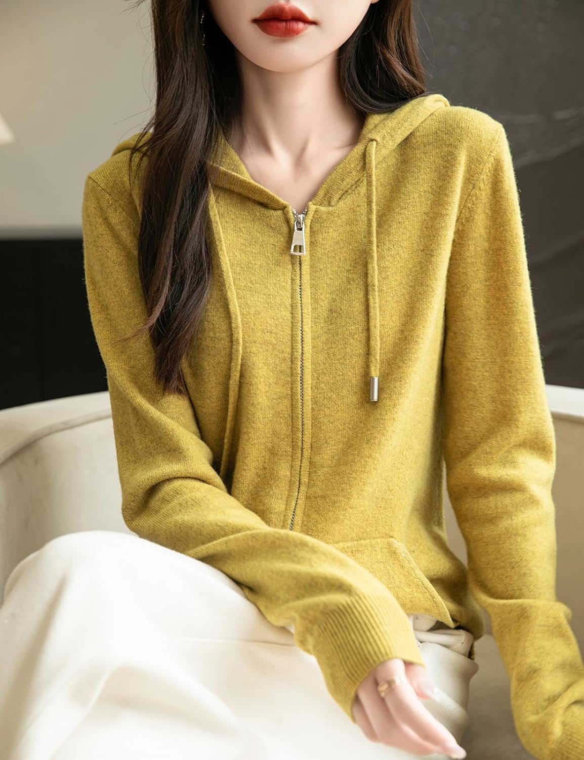 Women's warm merino wool zip up hooded cardigan with pockets