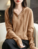 Women's warm merino wool zip up hooded cardigan with pockets