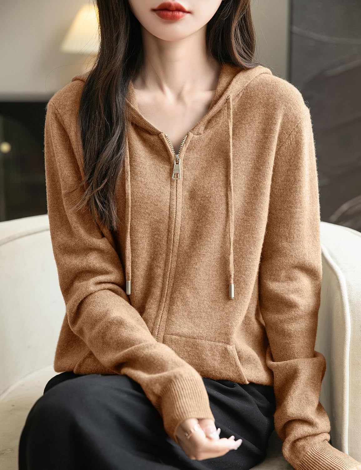 Women's warm merino wool zip up hooded cardigan with pockets