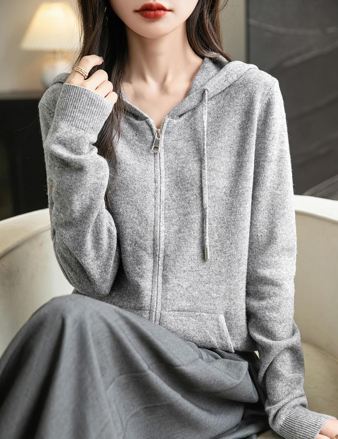 Women's warm merino wool zip up hooded cardigan with pockets