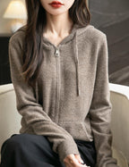 Women's warm merino wool zip up hooded cardigan with pockets