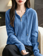 Women's warm merino wool zip up hooded cardigan with pockets