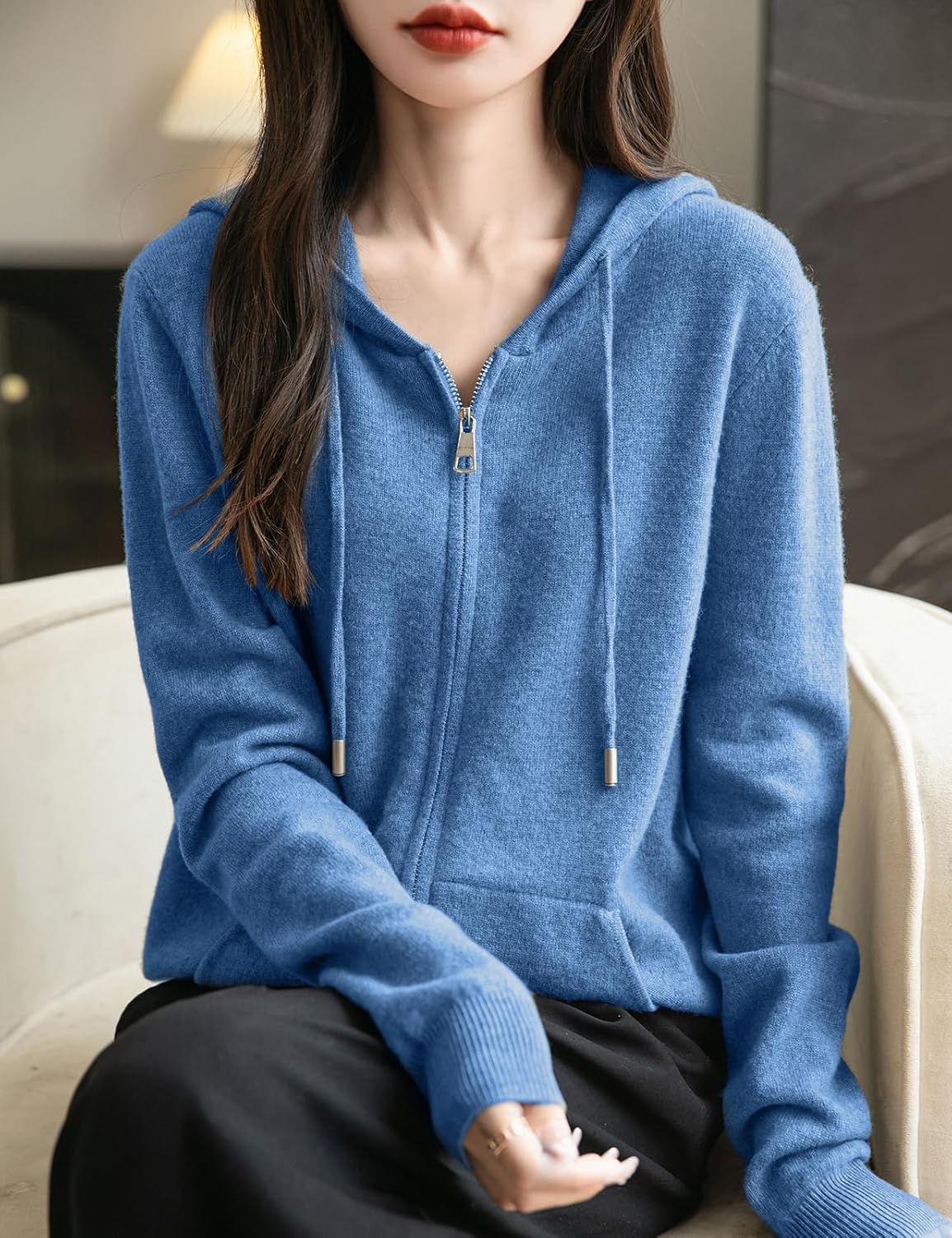 Women's warm merino wool zip up hooded cardigan with pockets