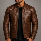 Band Collar Leather Jacket