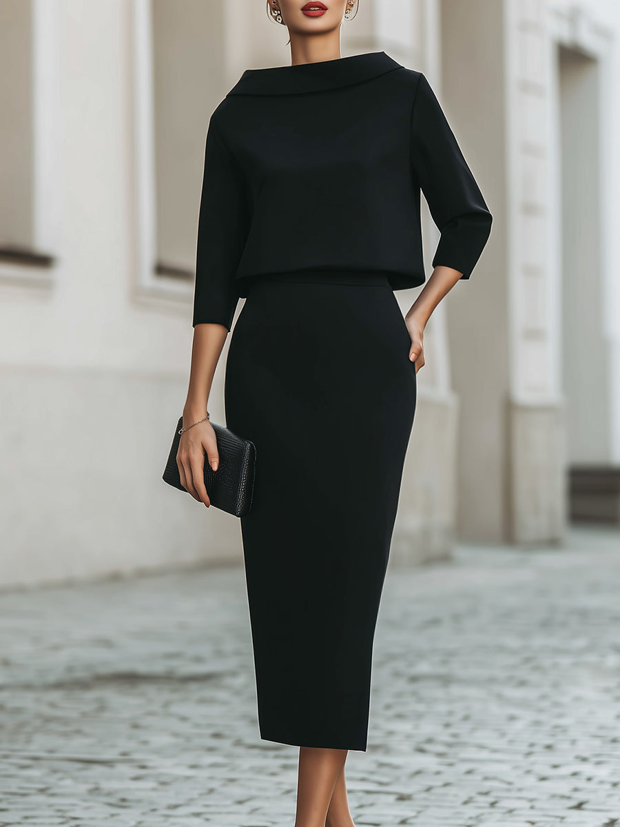 Boat Neck Top High-Waist Midi Skirt Set