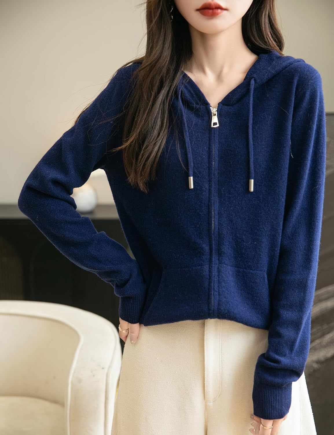 Women's warm merino wool zip up hooded cardigan with pockets