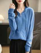 Women's warm merino wool zip up hooded cardigan with pockets