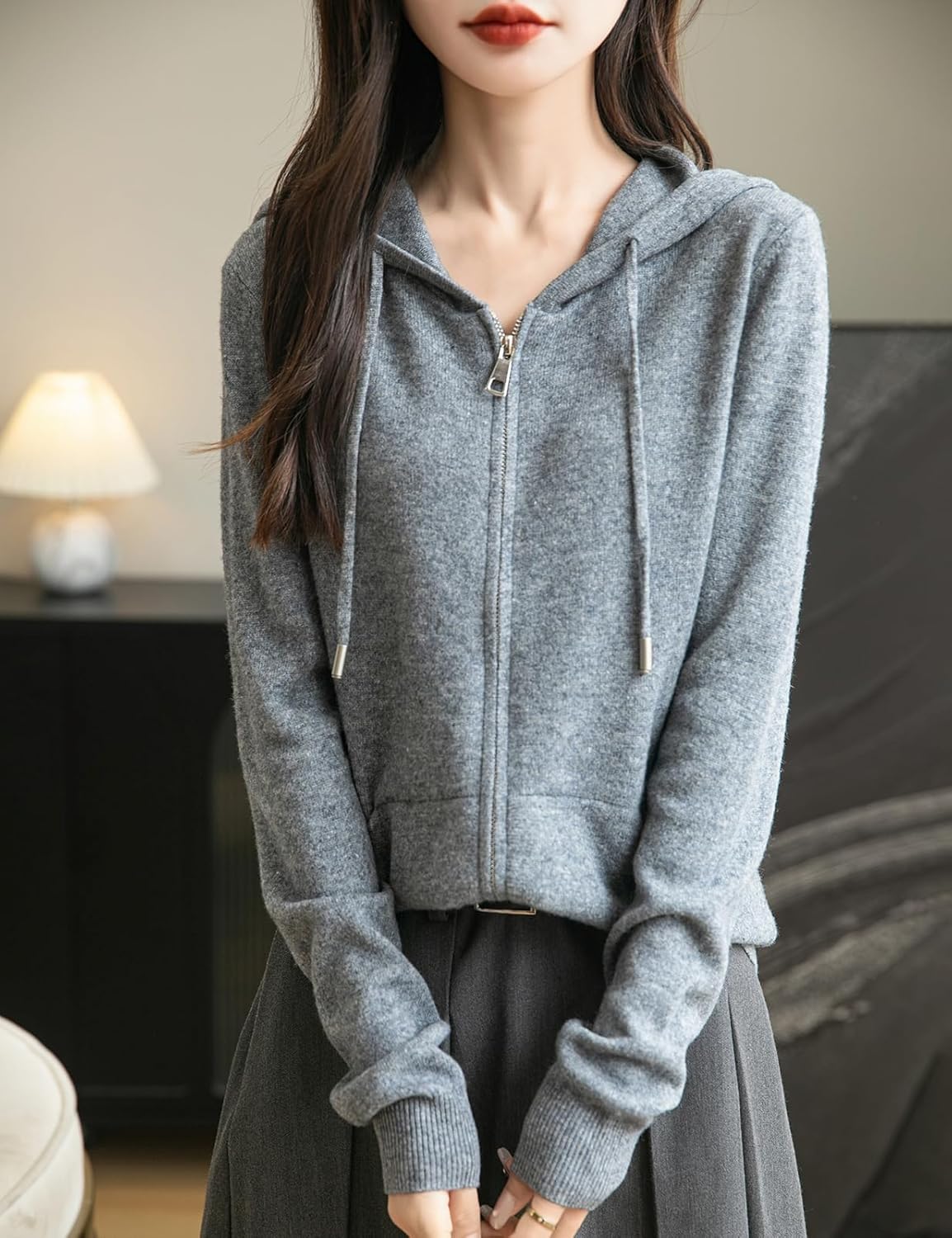 Women's warm merino wool zip up hooded cardigan with pockets