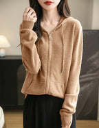 Women's warm merino wool zip up hooded cardigan with pockets