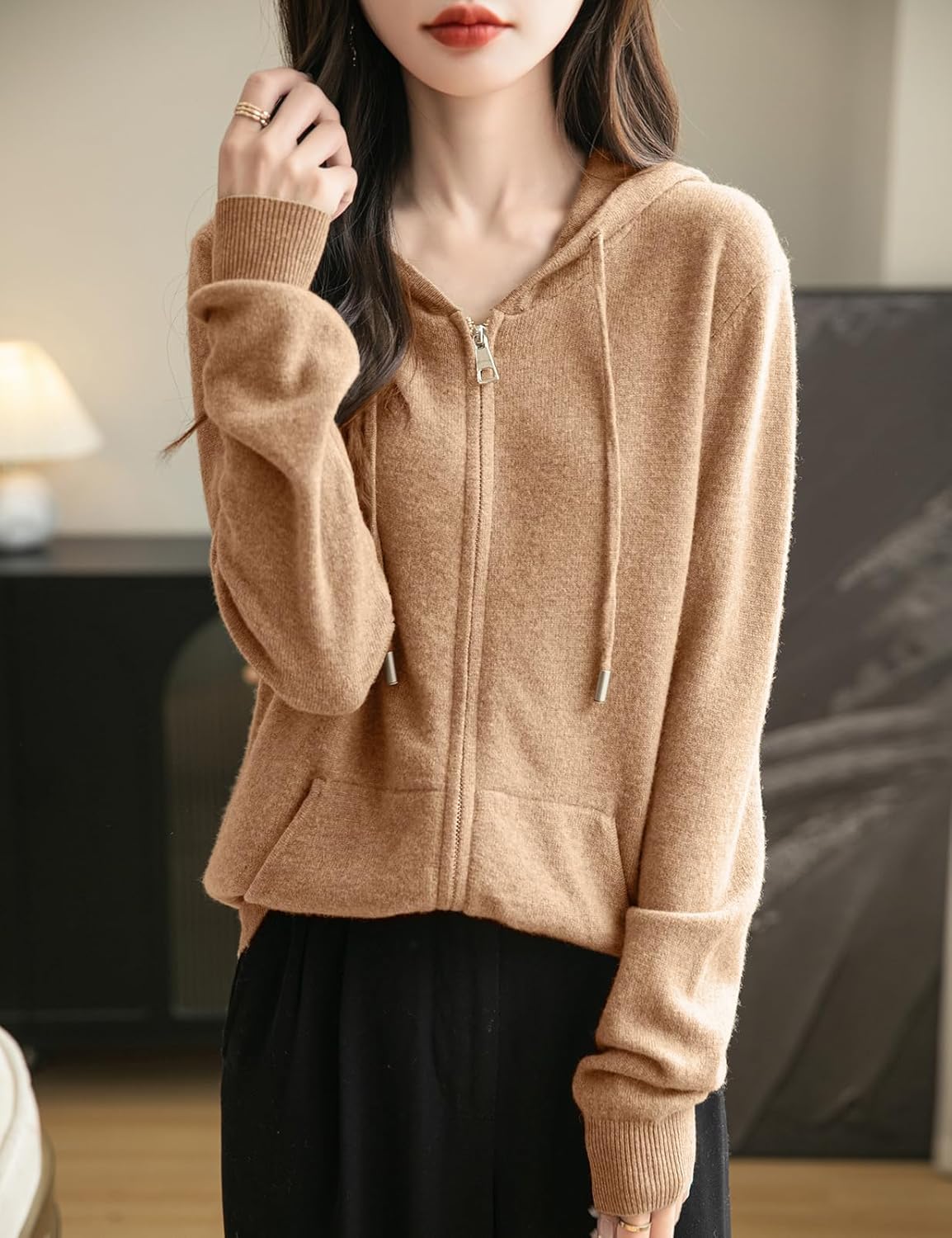 Women's warm merino wool zip up hooded cardigan with pockets