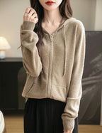 Women's warm merino wool zip up hooded cardigan with pockets