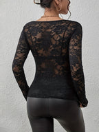 Women's Floral Lace Top V-Neck Long Sleeve