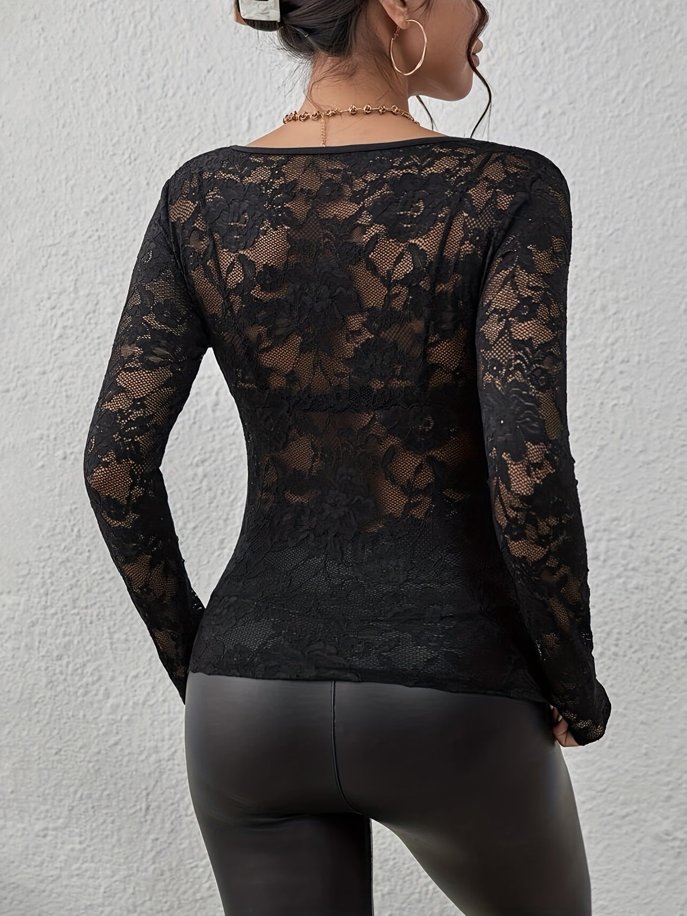 Women's Floral Lace Top V-Neck Long Sleeve