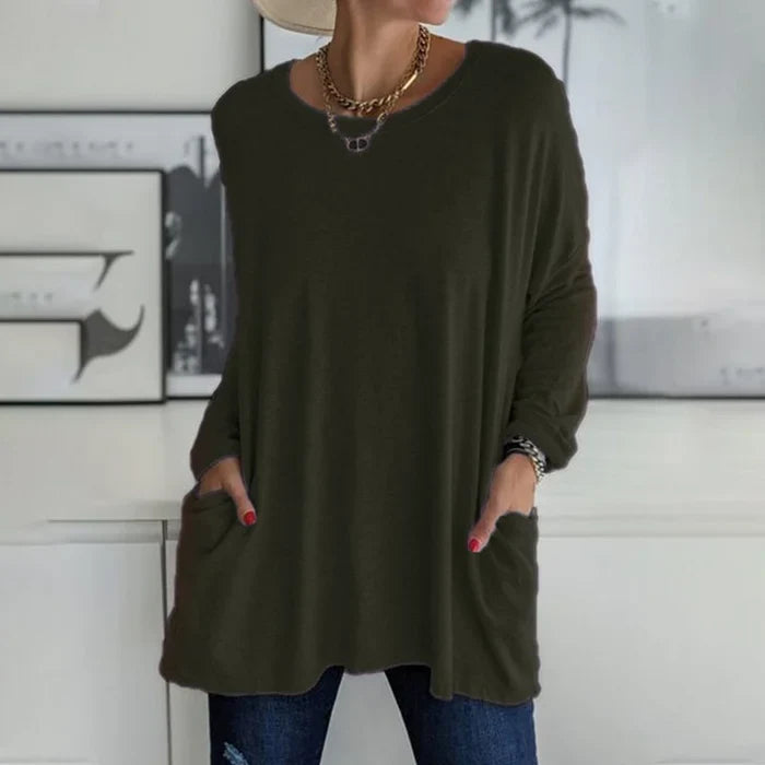 Casual oversized long sleeve tunic top with pockets in forest green