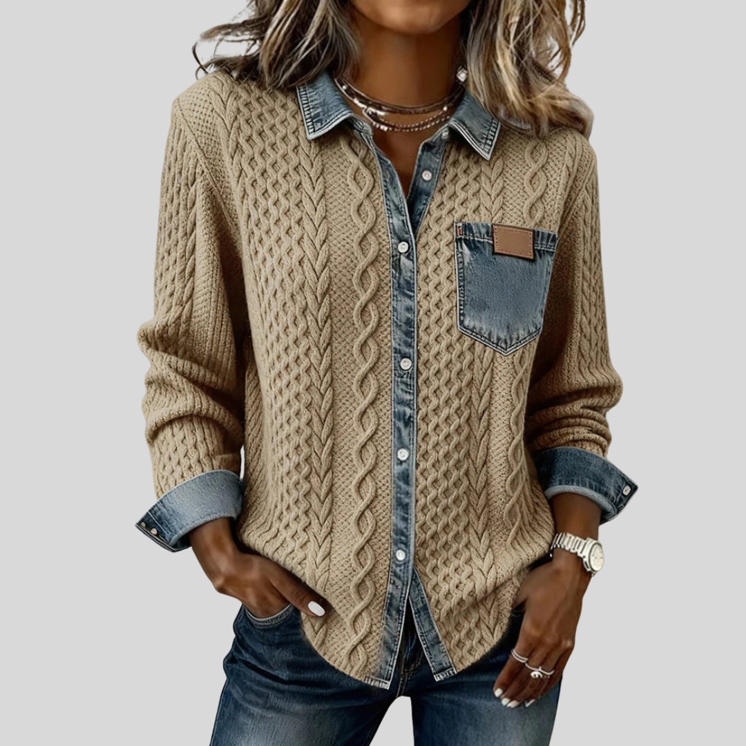 Long Sleeve Cable Knit Denim Patchwork Shirt