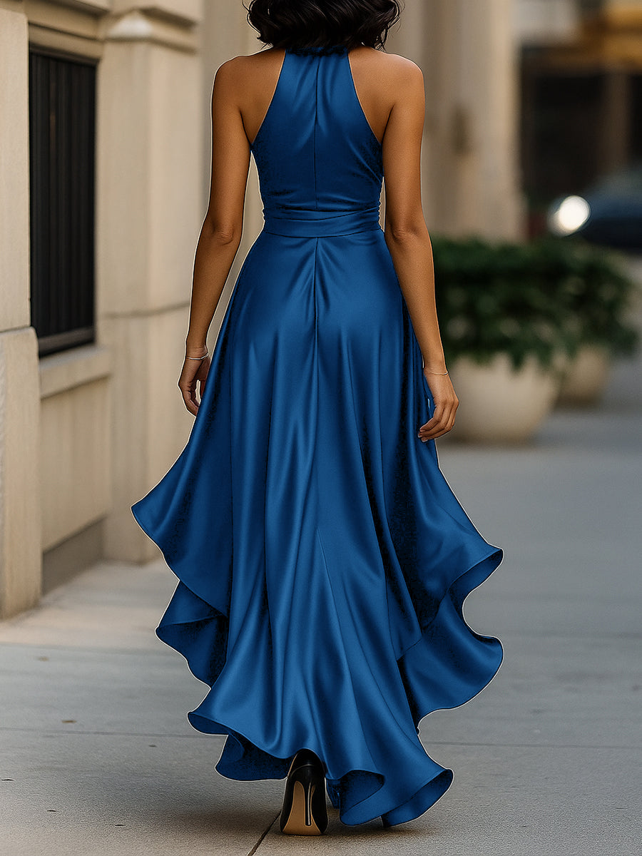 Satin Halter Gown with Ruffle Skirt