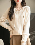 Women's warm merino wool zip up hooded cardigan with pockets in beige
