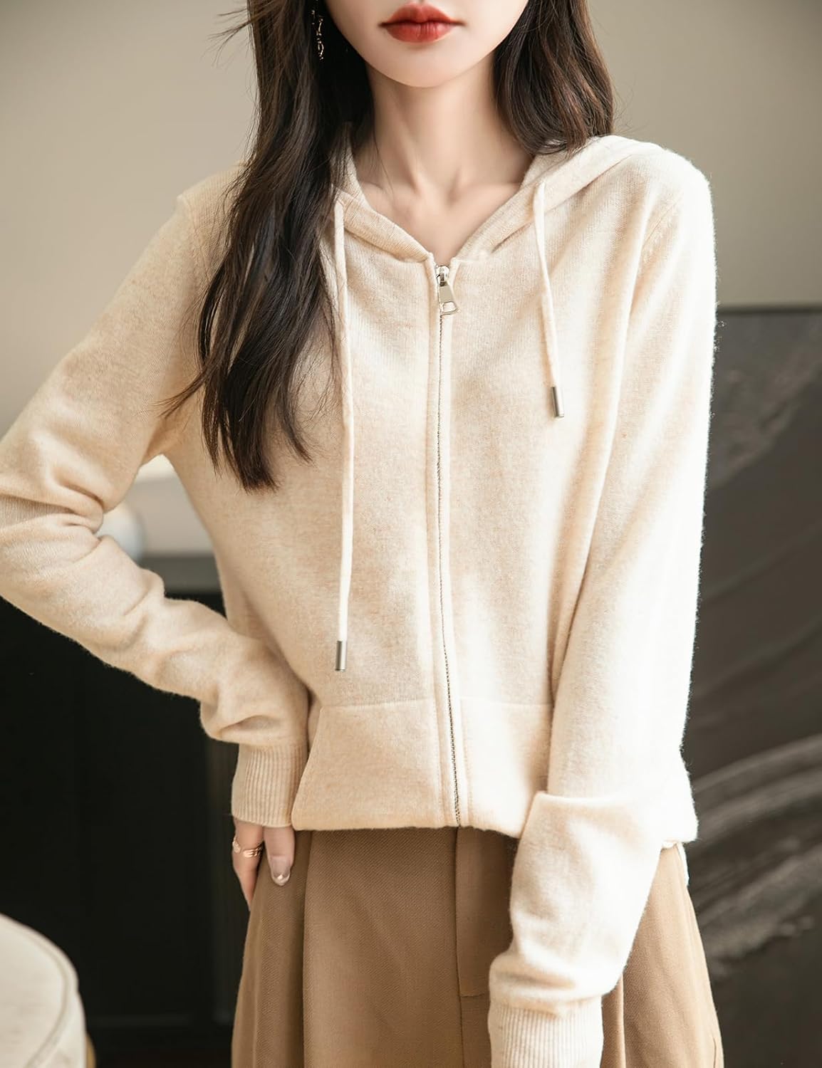 Women's warm merino wool zip up hooded cardigan with pockets in beige