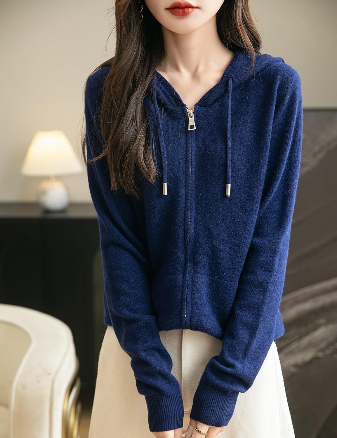 Women's warm merino wool zip up hooded cardigan with pockets in navy blue