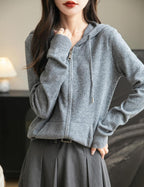 Women's warm merino wool zip up hooded cardigan with pockets