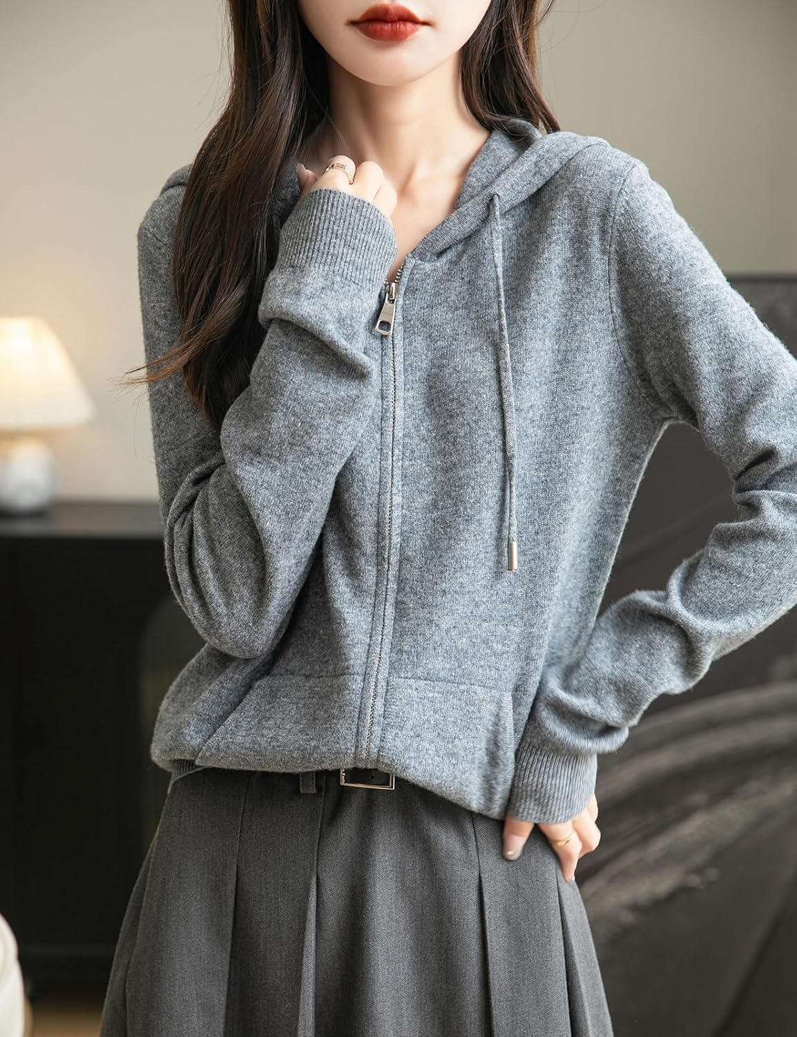 Women's warm merino wool zip up hooded cardigan with pockets