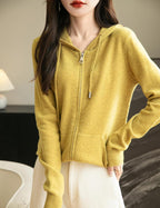 Women's warm merino wool zip up hooded cardigan with pockets