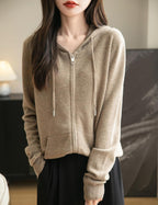 Women's warm merino wool zip up hooded cardigan with pockets in tan