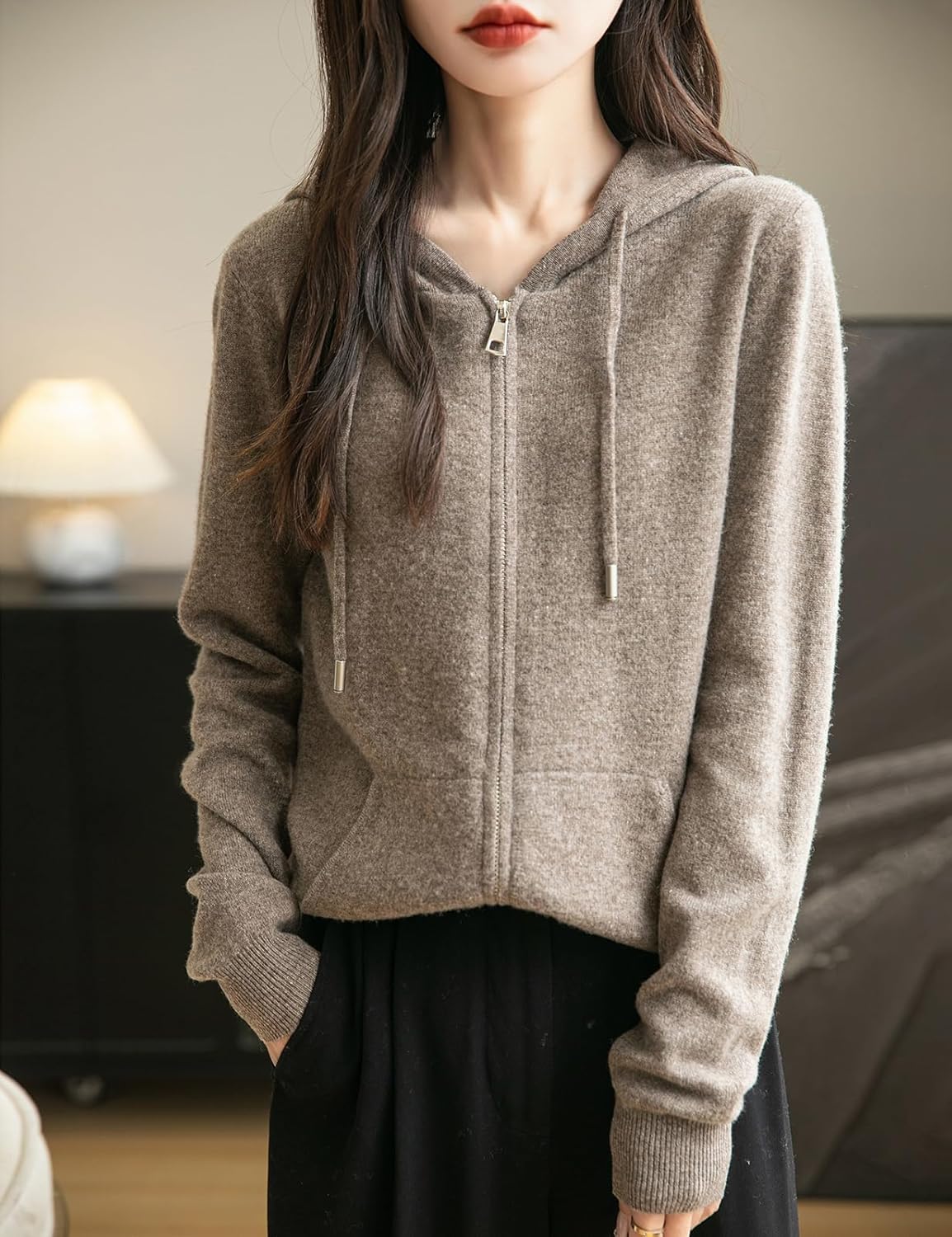 Women's warm merino wool zip up hooded cardigan with pockets in brown