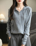 Women's warm merino wool zip up hooded cardigan with pockets in grey