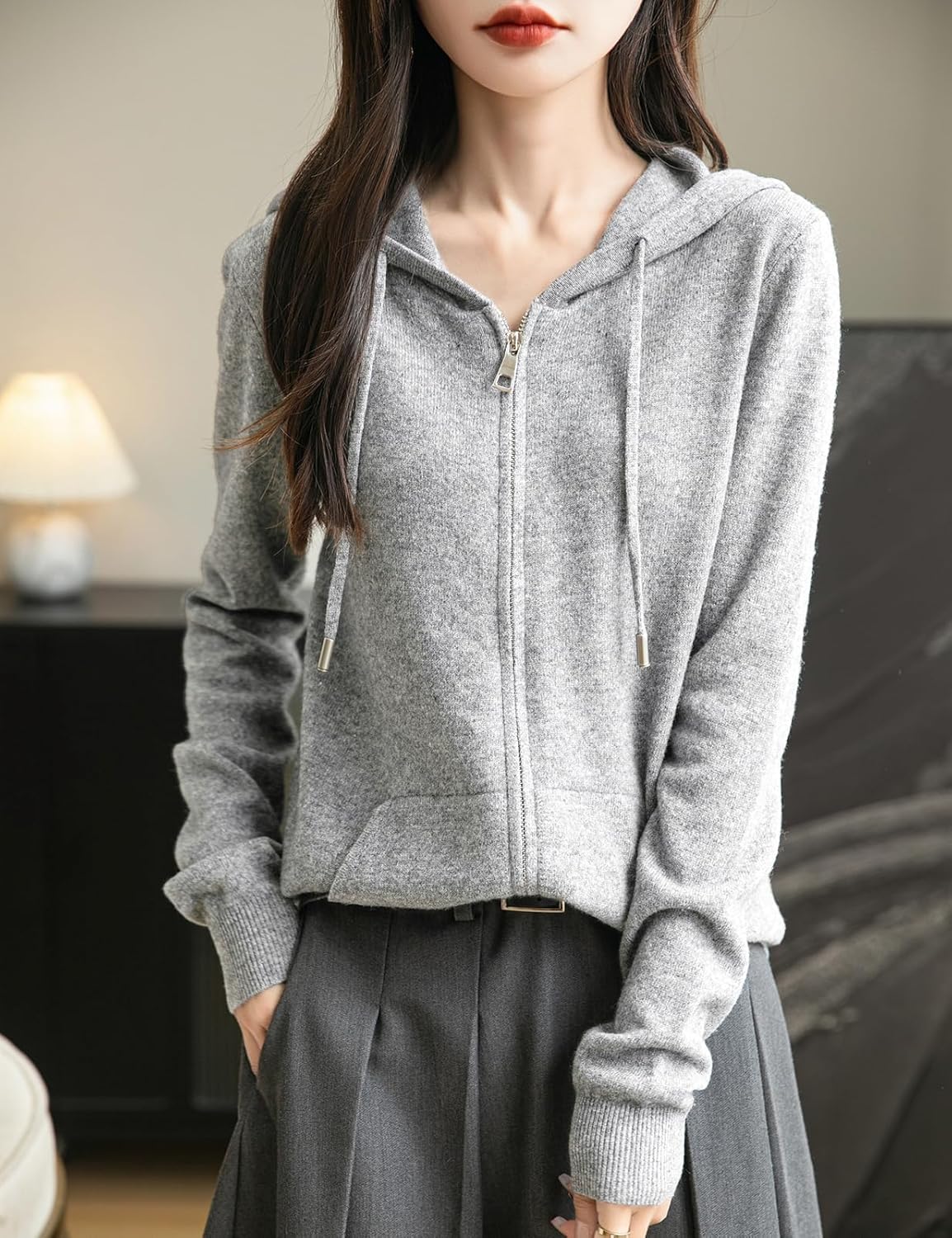 Women's warm merino wool zip up hooded cardigan with pockets in light grey