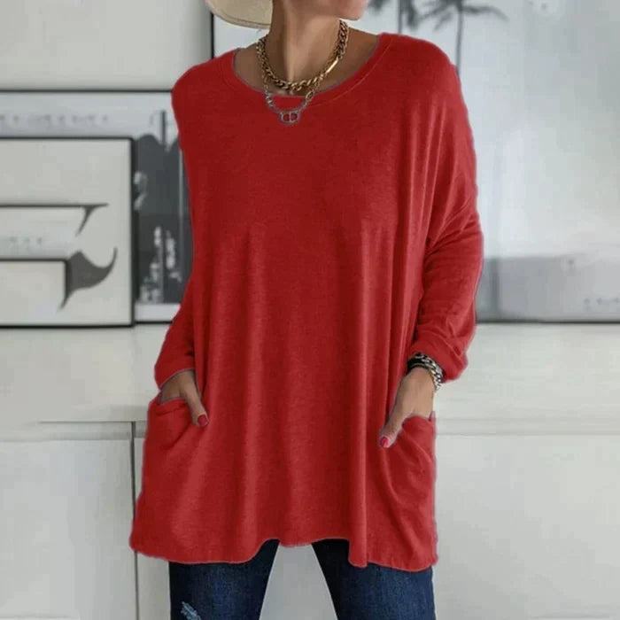 Casual oversized long sleeve tunic top with pockets in red