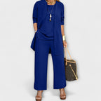 Three-piece top and wide-leg pants set in blue