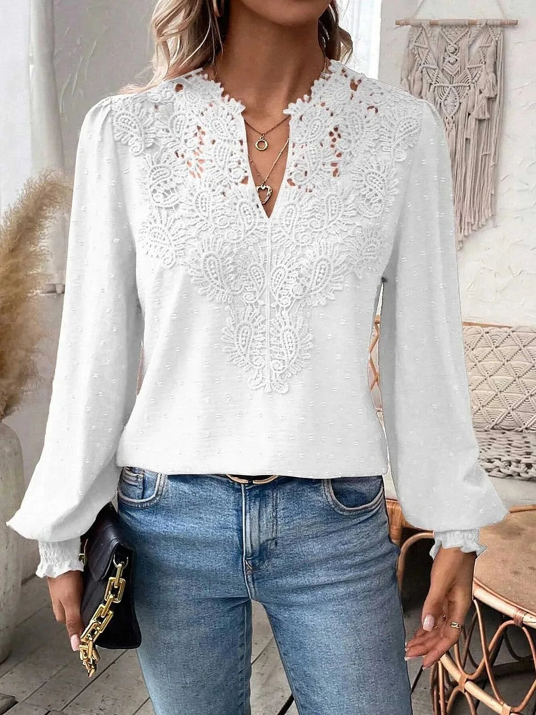 Women's elegant Swiss dot lace puff sleeve blouse in white