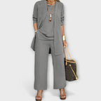 Three-piece top and wide-leg pants set in grey