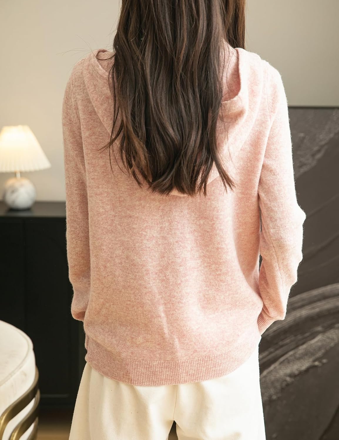 Women's warm merino wool zip up hooded cardigan with pockets