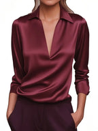 Draped neck long sleeve blouse in dark red