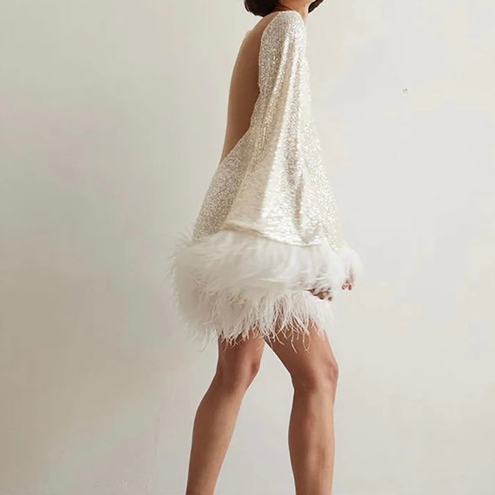 Sequin Mini Dress with Feather Hem Open Back