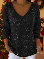 Festive casual V neck top in black