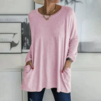Casual oversized long sleeve tunic top with pockets in pink