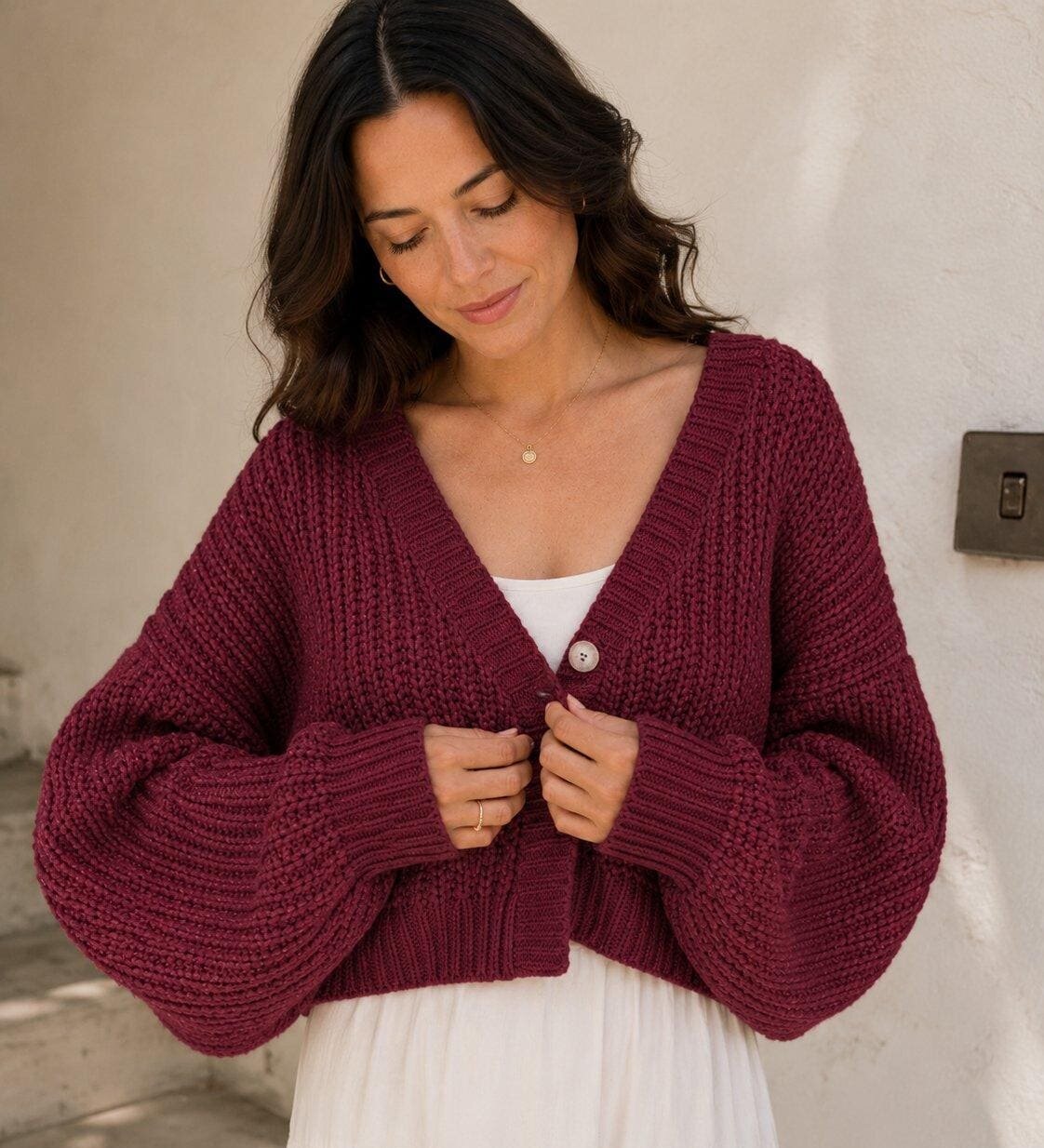 Cropped chunky knit cardigan sweater in wine