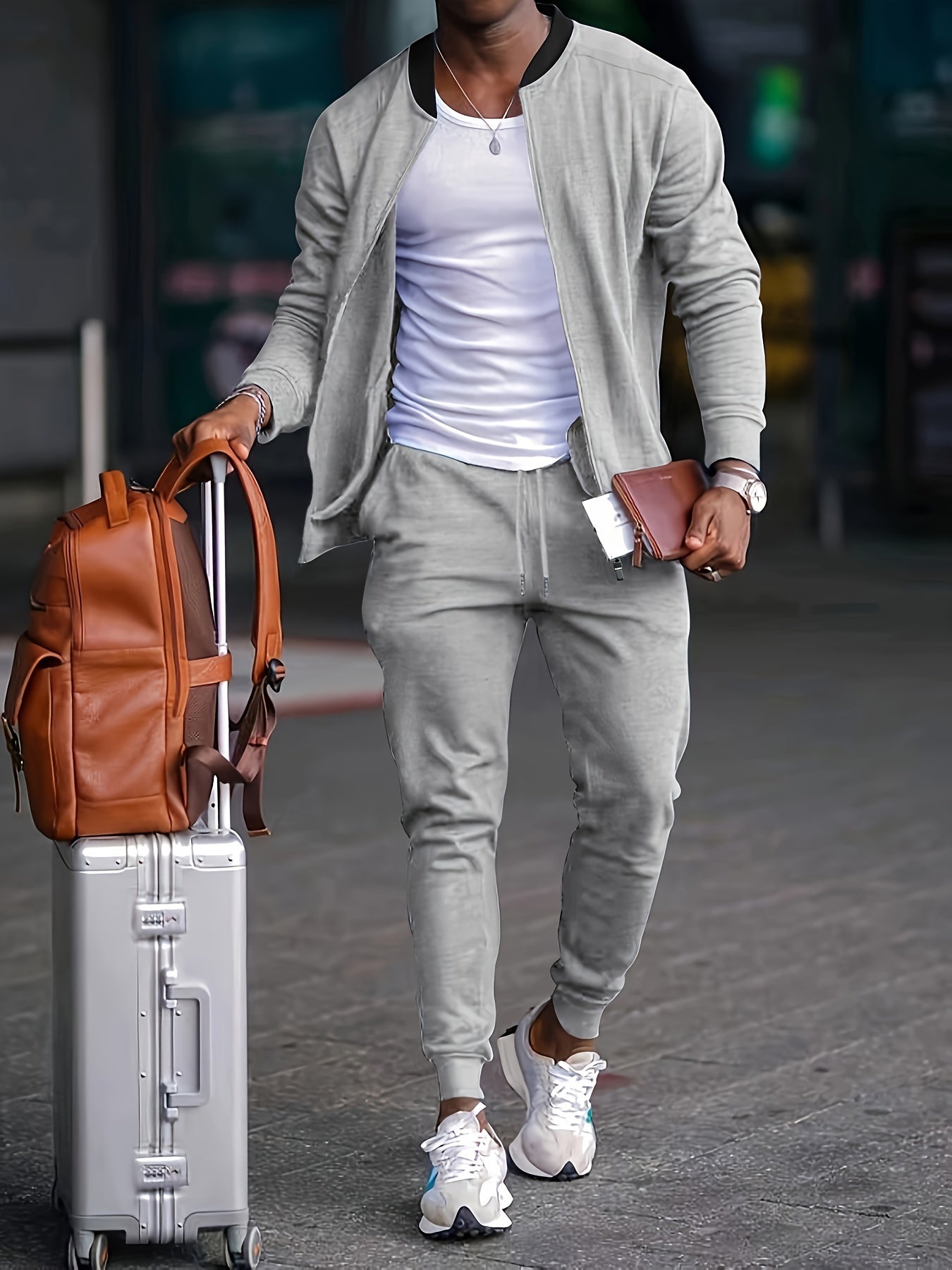 Relaxed Fit Zip Jacket and Trouser Set for Men