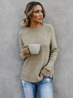 Women's marled knit crew neck sweater with side slits in khaki